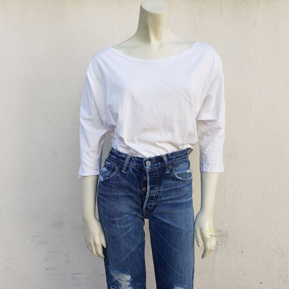 ANNUKKA Women's Organic Cotton Boat Neck Tee Shirt 3/4 Sleeve White Size Small